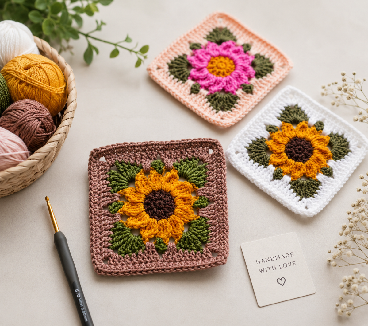 Sunflower Granny Square Crochet Pattern | Bobble Flower Motif | PDF Digital Download | Crochet Square Tutorial | Relleif