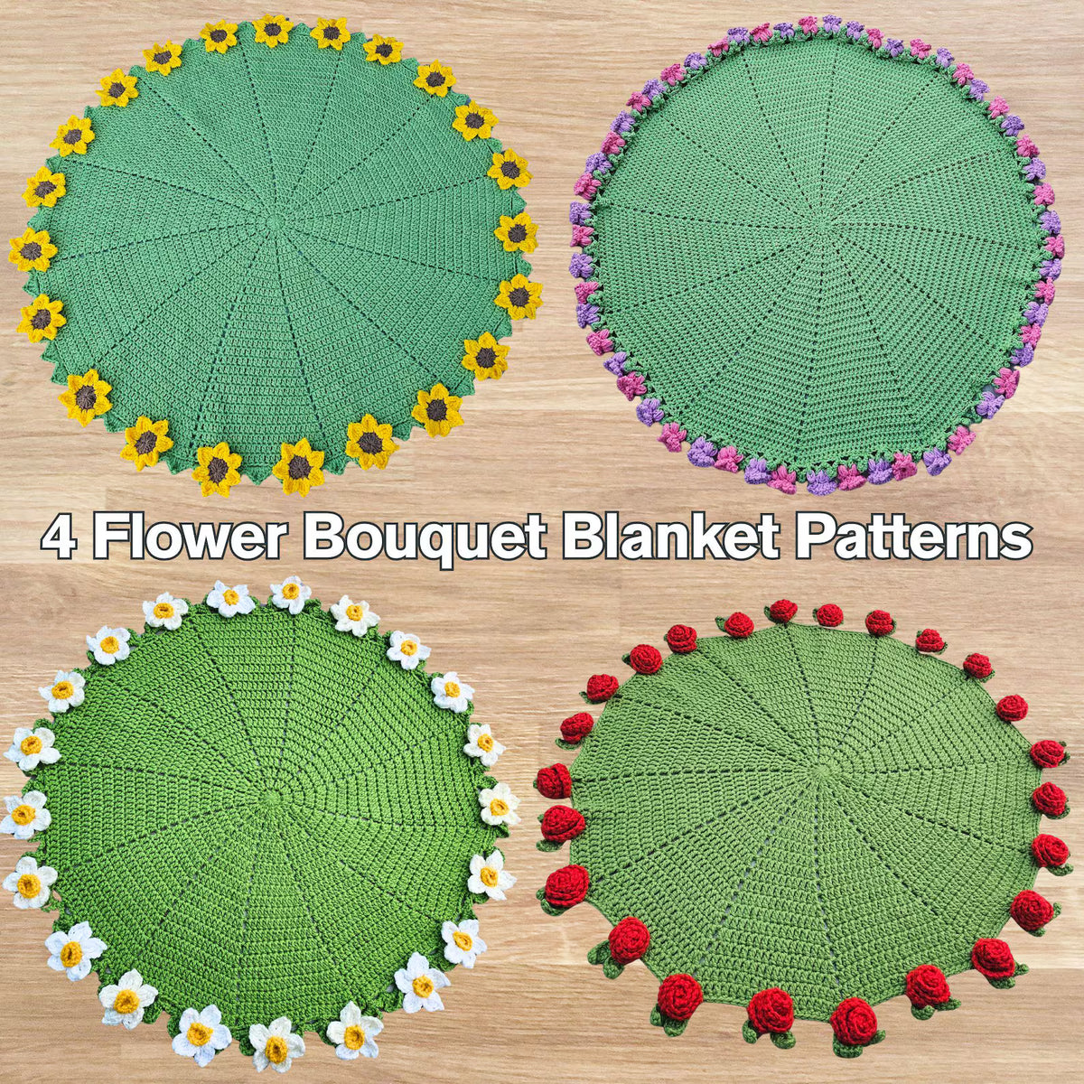 CROCHET PATTERN & VIDEO | Bouquet Blanket pdf | 4 Flower Blanket Bundle | Floral Afghan | Rose, Lily, Daffodil, Sunflower Throw